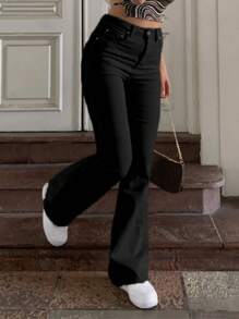 MYOURSA 女式喇叭裤弹力高腰牛仔裤，喇叭裤，优雅休闲日常工作约会街头服饰校园时尚服装纯黑色 - 黑色 - 查看 3