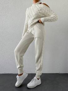 EURMUSE Cable Knit Cut Out Sweater & Drawstring Waist Knit Pants - Beige - View 4