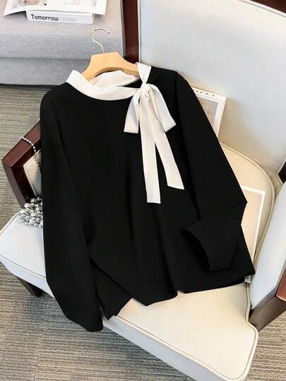 SHEIN Clasi Plus Size Elegant Color Block Tie Collar Blouse, Autumn Fall Cloth For Women