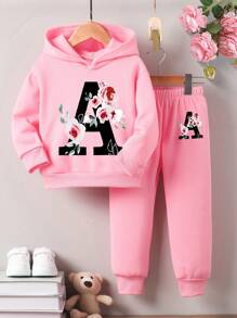 SHEIN Playful Pals Young Girls 2 Pieces Floral Letter Print Sweatshirt And Pants Set, Fashionable And Cozy, Autumn/Winter