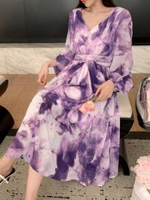 DAZY Vestido con estampado floral de manga abullonada y cuello en V de longitud media para mujeres