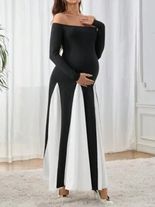 SHEIN 孕妇针织拼布 A 字形梭织连衣裙 - 黑色 - 查看 1