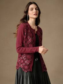 Anewsta Retro Knitted Patchwork Embroidered Floral Sequin Decoration Cardigan Sweater For Women, Fall Outfit For Christmas And New Year