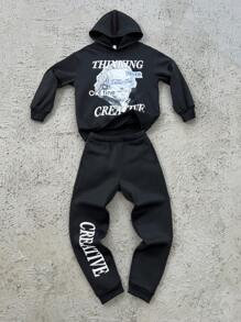 SHEIN Leap Crew Teen Boy Loose Casual Retro Hoodie & Sweatpants Set - Black - View 1