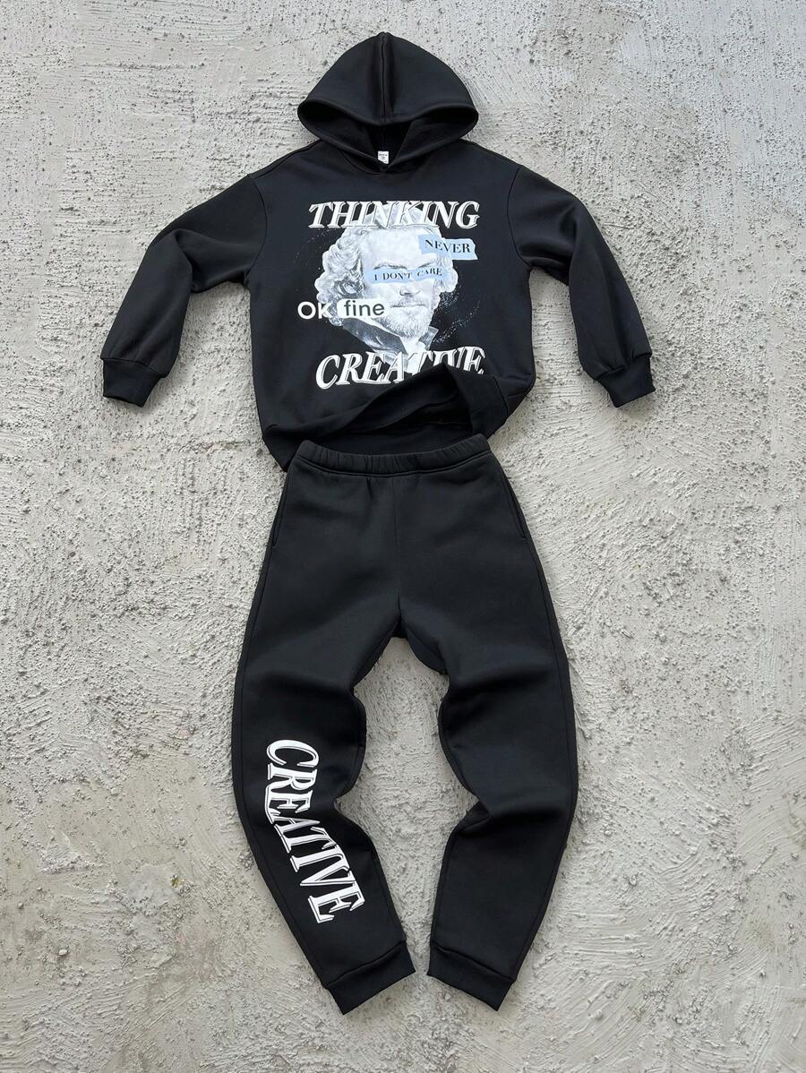 SHEIN Leap Crew Teen Boy Loose Casual Retro Hoodie & Sweatpants Set - Black - View 1