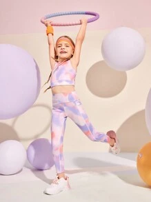 SHEIN 年轻女孩扎染印花运动套装、吊带背心和紧身裤、瑜伽跑步健身运动 - 彩色 - 查看 2