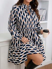 SHEIN LUNE Plus Size Women Geometric Print Tie-Up Smocked Ruffle Hem Dress, Vacation Outfits Woman, Western Wear Women, Old Money Style,Birthday Dresses For Women,Bow,Cruise Outfits Women,Vintage Clothes Women,Kawaii Clothes, Boho Dress Women,Spring Dress,Resort Wear Women,Club Dress,Tropical Dress,Spring,Beach,Western Wear Women, Nashville Outfit - Multicolor - View 2