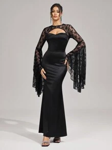 SHEIN Belle Women's Elegant Mixed Material Hollow-Out Waist Fitted Bodycon Dress Sequin Lace Boat Neck Ruffle Trim Mermaid Hem Satin Evening Party Formal Prom - Black - View 5