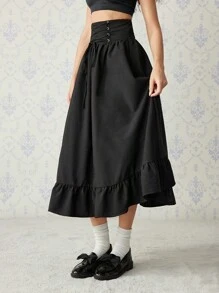 SHEIN MOD Falda negra con detalle de cintura anudada y bajo con volantes, vestimenta occidental para mujeres, faldas negras para mujeres, faldas largas negras vintage - Negro - Ver 4
