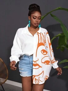 Slaydiva Women Plus Size Holiday Casual Graphic Line Pattern Face Print Patchwork Blouse Top - Orange - View 3