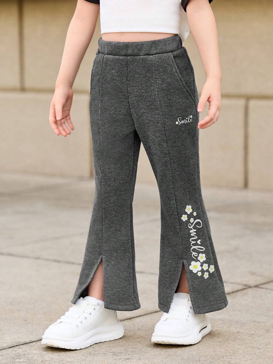 SHEIN Young Girls Fashionable Sports & Casual Floral Print Flared Pants For Autumn/Winter
