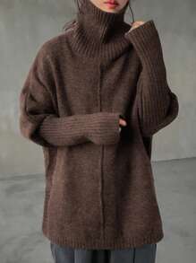 FRIFUL Women Solid Color Loose Turtleneck Sweater, Casual For Winter Fall