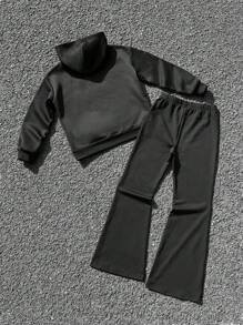 SHEIN Tween 女童运动休闲连帽图案运动衫和紧身裤 2 件套 - 黑色 - 查看 2