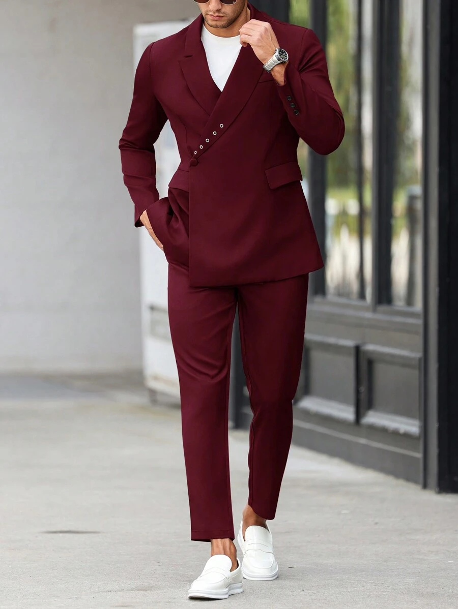Calvornis 男士纯色前扣开合长袖口袋简约上衣和长裤西装套装 - 酒紅色 - 查看 1