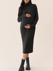 SHEIN 婴儿洗礼秋冬孕妇装，高领落肩袖，孕妇紧身针织连衣裙 - 黑色 - 查看 5