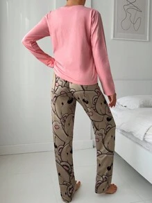 RueChic 2pcs Viscose Placket Detail Shirt And Bear Patterned Sleep Bottom Pj Set - Pink - View 2
