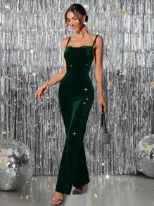 SHEIN Clasi Holiday ClothesVelvet & Sequin Spaghetti Strap Jumpsuit For Women