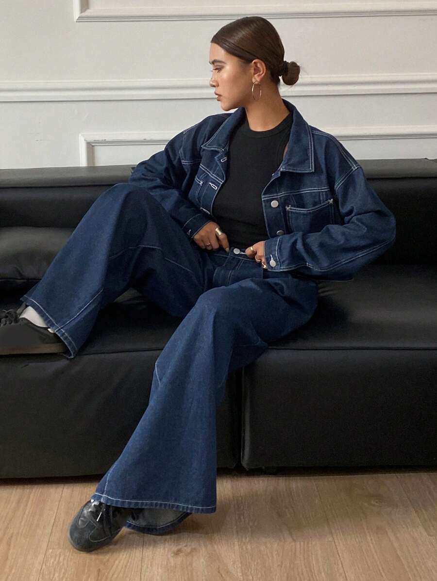 DAZY Damen Lässig Denim Jacke kurz & Weite Bein Jeans Set, für den Herbst