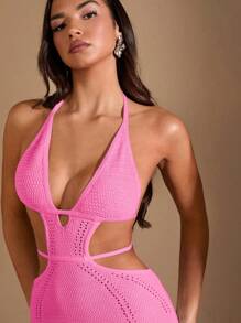 SHEIN BAE 白色露背针织迷你连衣裙、钩针比基尼、性感服装、沙滩女装、波西米亚风、夏季女装 - 淺粉色 - 查看 5