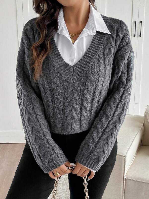 SHEIN Frenchy Damen Große Größen unifarbener V-Ausschnitt Langarm Lässig Pullover Pullover, Herbst/Winter