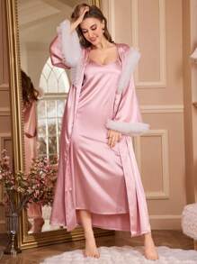 2pcs Set: Color Block 3D Floral Trim Oversized Faux Silk Long Sleeve Robe And Camisole Nightgown - Pink - View 4