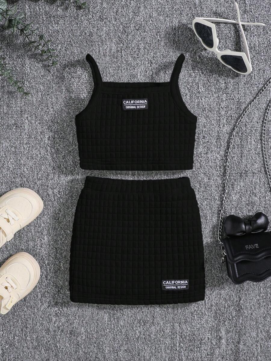 SHEIN Conjunto informal de niña bebé con camisola estampada a cuadros de unicolor y falda de cintura elástica, conjunto de atuendo de verano