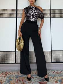 Chiquease Fashionable Party Leopard Print Patchwork Asymmetric Collar Skinny Jumpsuit - Black - View 5