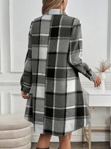 SHEIN Clasi 女式有领半襟格子图案卡其色法兰绒中长连衣裙，秋冬款 - 黑與白 - 查看 2