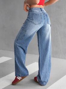 SHEIN EZwear Women's Casual Washed Straight Leg Cargo Jeans