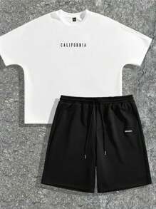 Manfinity NXTstreet Men's Casual Letter Print Loose T-Shirt And Shorts Set - White - View 2