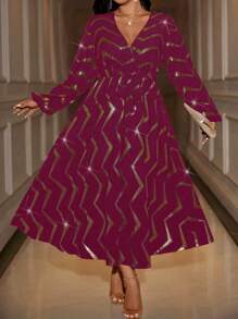 Allurite Cross Collar Waisted Dropped Shoulder Long Sleeve Puff Sleeve Tie-Up Heavy Foiled Random Cut Dress - Burgundy - View 6