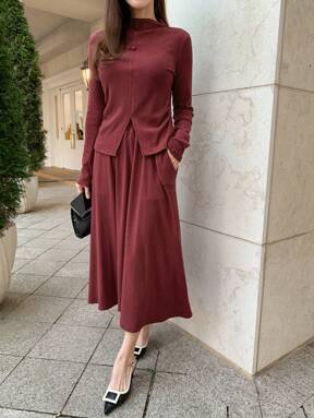 DAZY 2 Stücke Damen Pullover Top und A-Linie Flared Saum Rock Set