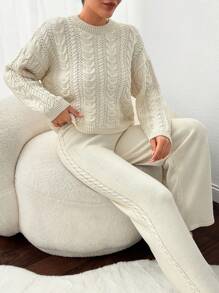 EURMUSE Women Round Neck Cable Knit Autumn/Winter Sweater And Sweater Pant 2 Two Piece Set - Cream - View 3