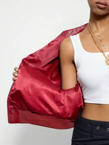 SHEIN EZwear 女士日常穿着约会之夜音乐节赛车手皮革拉链长袖勃艮第飞行员夹克，新年/情人节 - 酒紅色 - 查看 7