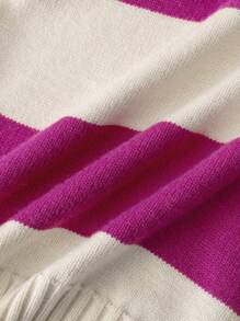 SHEIN Pull épaule dénudée 2 en 1 surdimensionné à rayures pour préadolescentes, nouvel article pour l'automne/hiver. Combinaison de couleurs rose et blanche montrant un charme doux. Le design du col ras-du-cou et en V est tout en restant conservateur. Convient aux filles pour porter dans diverses occasions comme à la maison, en voyage, en vacances et pour la rentrée scolaire - Rose vif - Voir 7