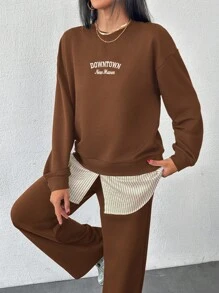 EURMUSE Cotton Fashionable Patchwork Sweatshirt & Sweatpants Set - Brown - View 4