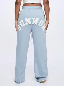 SUMWON WOMEN Athletic Loungewear Sweatpants With University Style Letter Graphics Elastic Waistband Soft Fleece Winter Fall Joggers Training Workout Pants - Dusty Blue - View 1