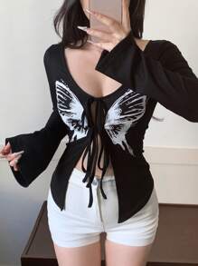 DAZY Women V-Neck Butterfly Print Tie-Front Long Sleeve Knitted T-Shirt, Spring Festival