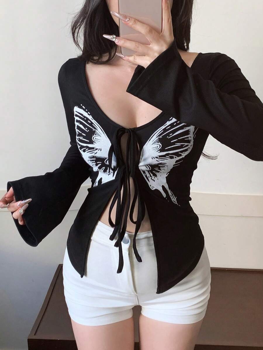 DAZY Women V-Neck Butterfly Print Tie-Front Long Sleeve Knitted T-Shirt, Spring Festival