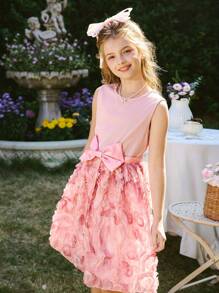 SHEIN Tween Girl Elegant Minimalist Jacquard Textured Fabric A-Line Dress With 3D Bow Decor, Suitable For Summer And Spring Wear, Good For Outings, Dates And Vacation - Pink - View 5