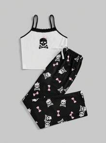 ROMWE Kawaii Skull & Bow Print Lace Patchwork Contrast Color Strap Pajama Set - Black and White - View 1