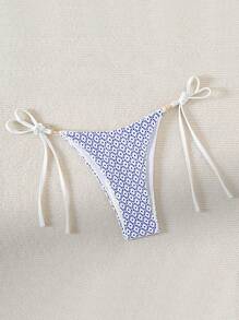 Summer Swim Mod Women Solid Textured Fabric Side Tie Bikini Bottom - Blue and White - View 3