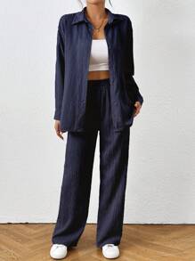 SHEIN PETITE 2pcs/Set Women Solid Color Top And Pants, Minimalist Fashion Casual Everyday Wear - Navy Blue - View 5