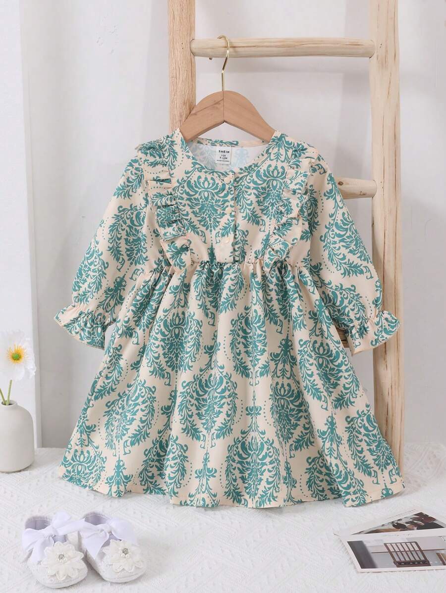 SHEIN Girls' Elegant Floral Print Long Sleeve Dress, Sweet Design For Autumn/Winter