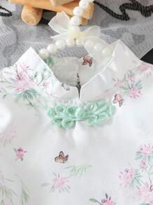 SHEIN Babygirl 春绿色优雅复古时尚数码印花柔软雪纺面料长袖立领分层荷叶边下摆汉服连衣裙适合派对 - 綠色 - 查看 7