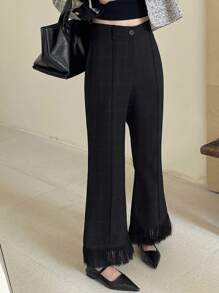 DAZY Women's Casual Plaid Fringe Hem Fitted Flare Pants Women Dress Pants