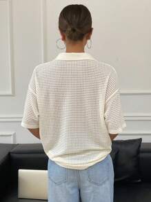 Livesso Women's Casual Basic Polo Collar Loose Plain Textured T-Shirt - Beige - View 3