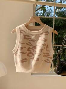 Comfortcana Women Leopard Print Jacquard Knit Sleeveless Top - Khaki - View 4