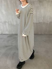 FRIFUL 女士休闲条纹长裙，秋季