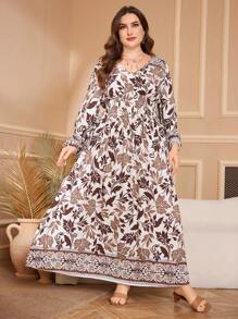Lacomfia Casual Leaf Floral Print V-Neck Waisted Long Sleeve A-Line Dress, Plus Size, Suitable For Spring & Autumn